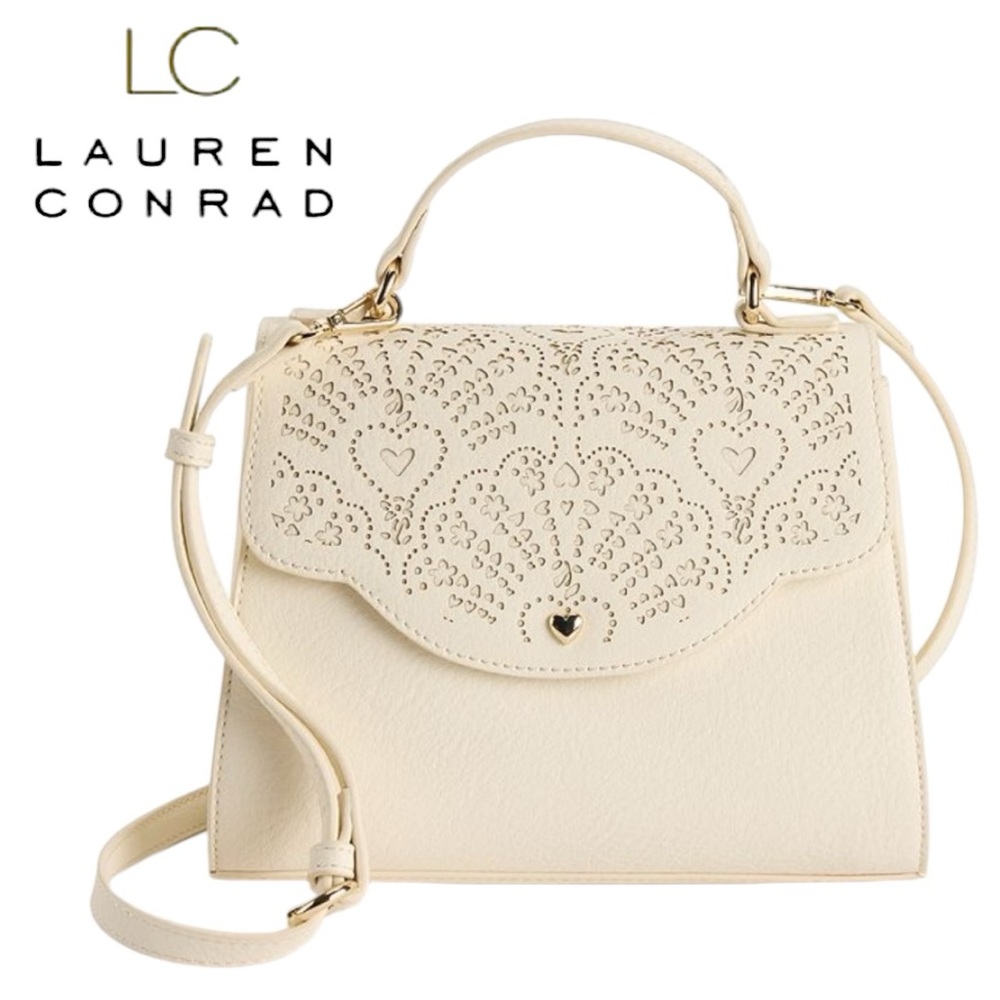 NWT LC Lauren Marissa Heart Crossbody w Laser Cutout Design Vegan Leather